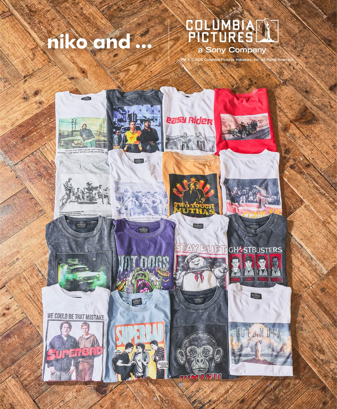 niko and…× コロンビア・ピクチャーズヴィンテージライクに施した、大人のためのムービーTシャツが販売開始!